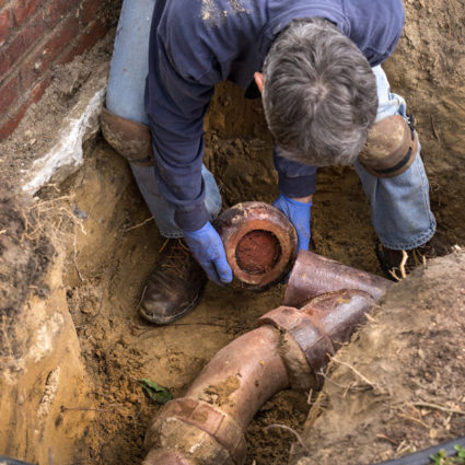 One of our plumbers removes the end of this cast-iron sewer line, buried under the yard of a local home.