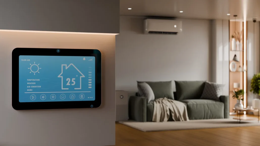 A connected smart home control panel in a modern residential interior