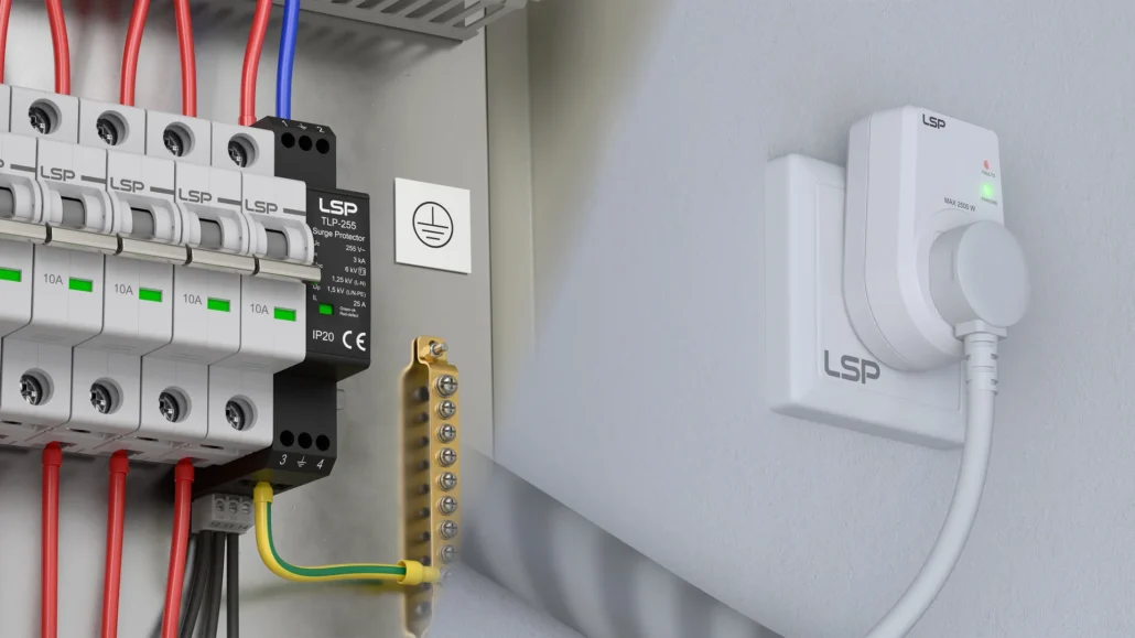A whole-home surge protector near the main electrical panel
