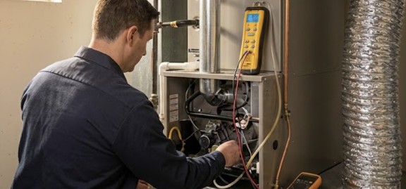 A professional HVAC technician carefully inspecting and repairing a modern residential furnace
